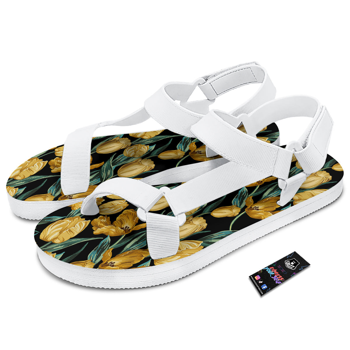 Tulip Yellow Print Pattern White Open Toe Sandals-grizzshop