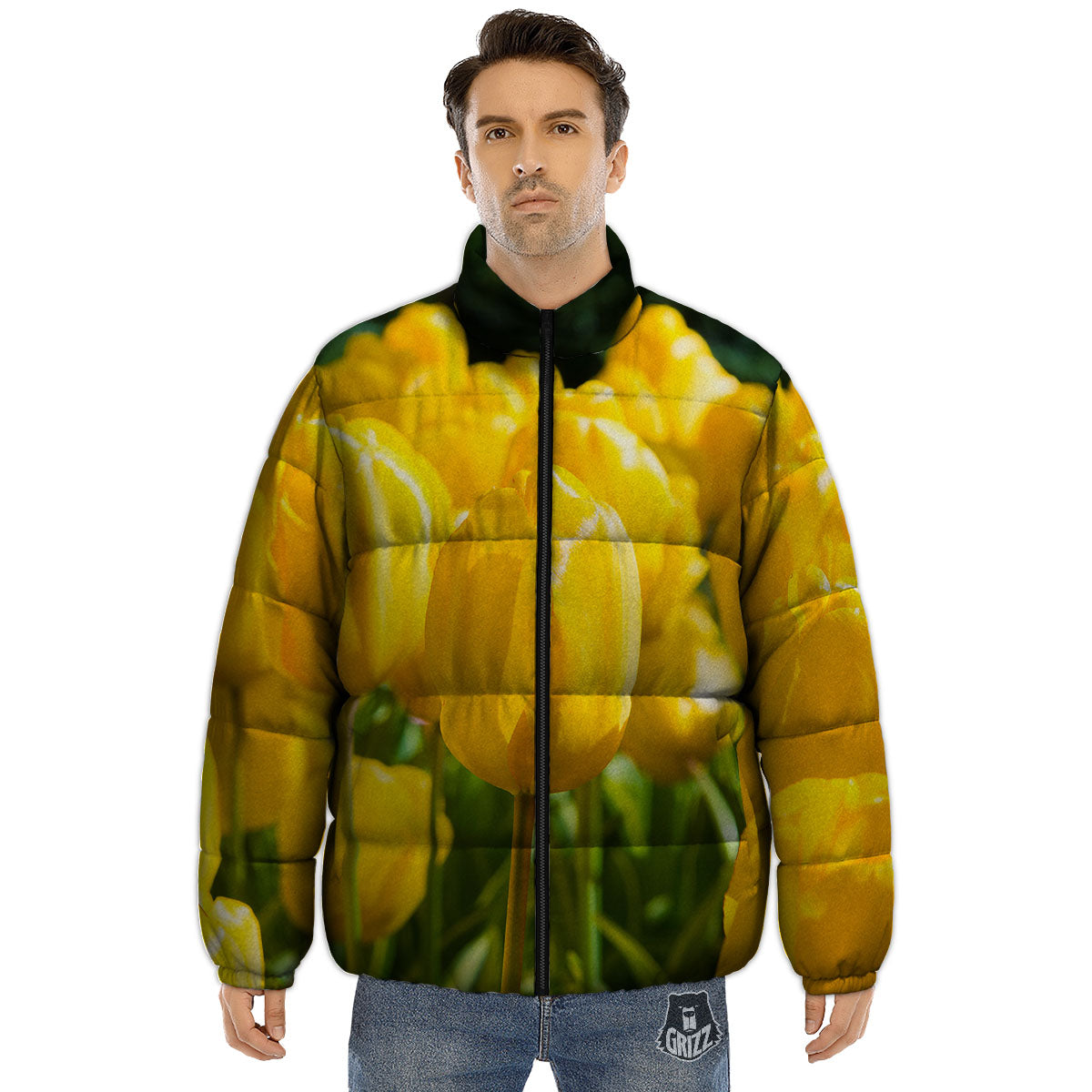Tulip Yellow Print Puffer Jacket-grizzshop