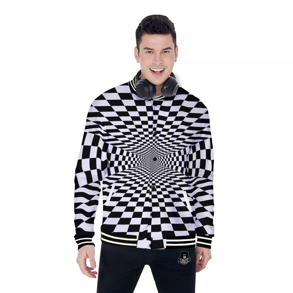Tunnel Illusion White And Black Print Baseball Jacket-grizzshop