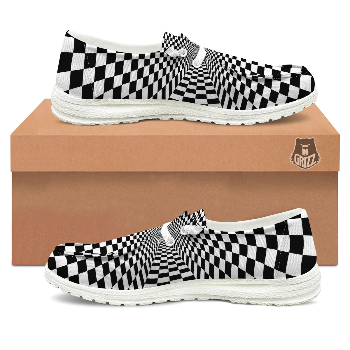 Tunnel Illusion White And Black Print White Loafers-grizzshop