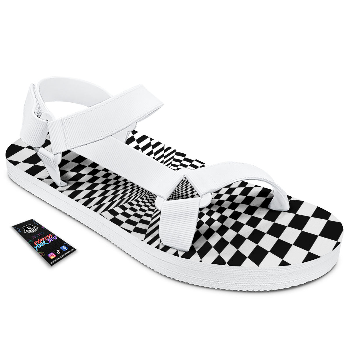 Tunnel Illusion White And Black Print White Open Toe Sandals-grizzshop