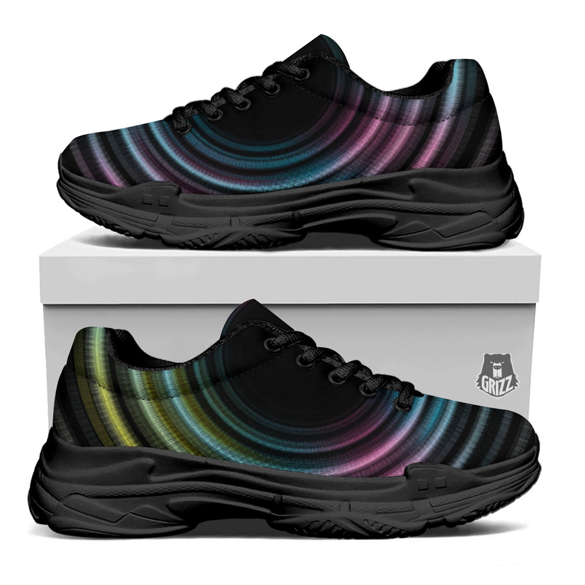 Tunnel Lights Teal And Pink Print Black Chunky Shoes-grizzshop