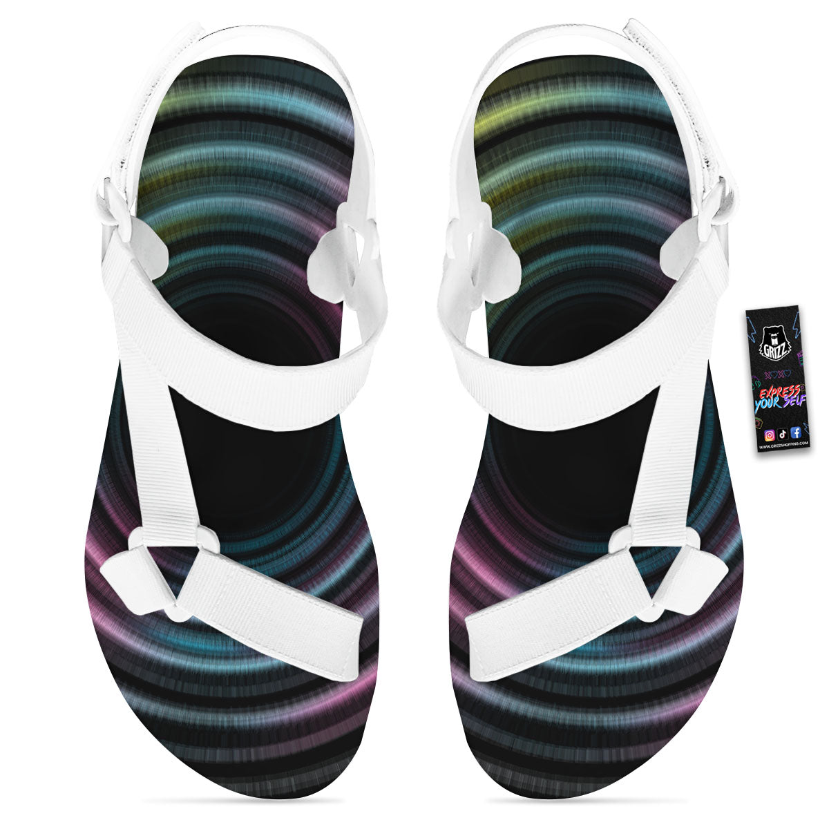 Tunnel Lights Teal And Pink Print White Open Toe Sandals-grizzshop