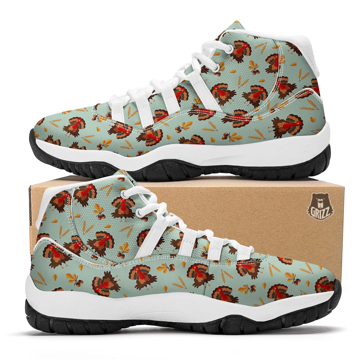 Turkey Thankgiving Print Pattern White Bball Shoes-grizzshop