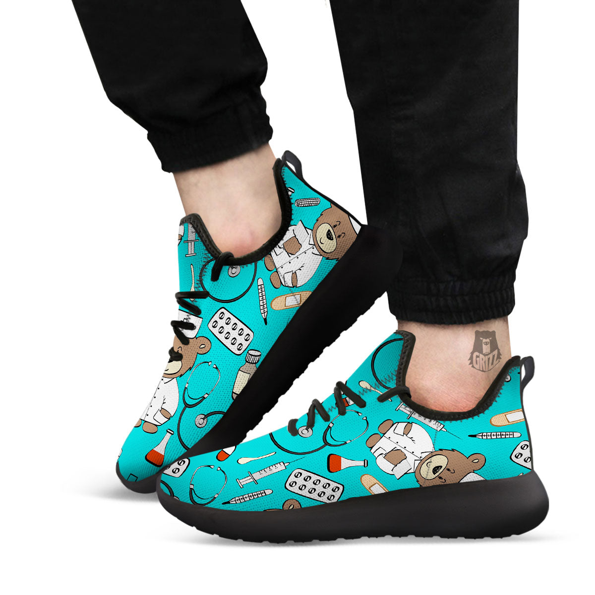 Turquoise Teddy Bear Nurse Black Athletic Shoes-grizzshop