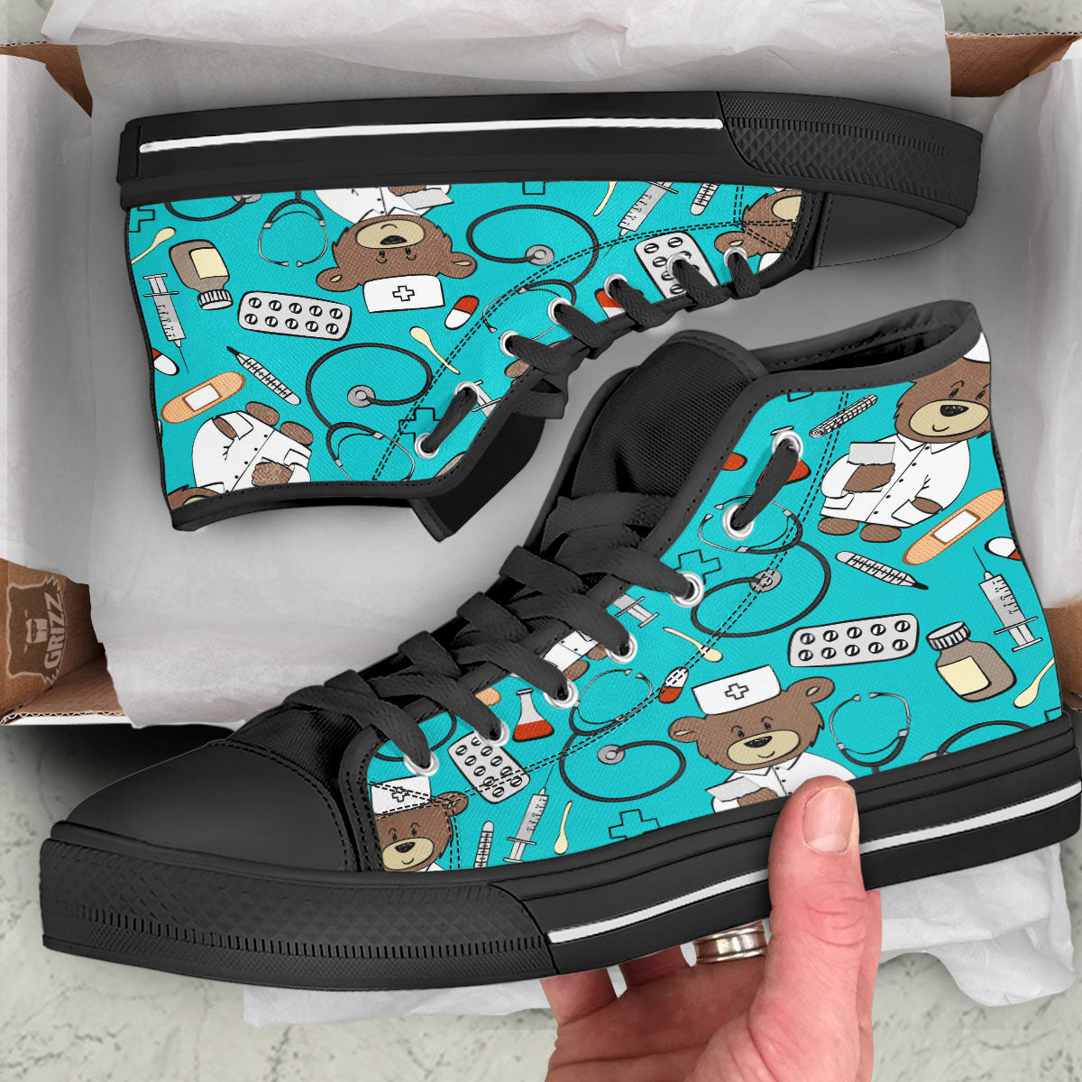 Turquoise Teddy Bear Nurse Black High Top Shoes-grizzshop