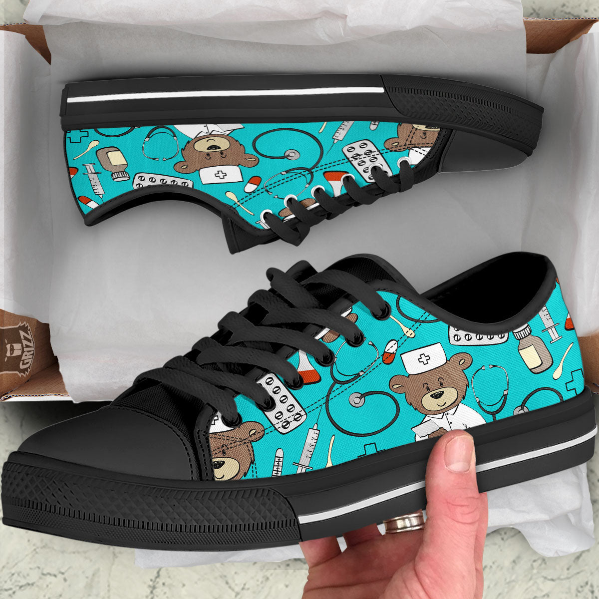 Turquoise Teddy Bear Nurse Black Low Top Shoes-grizzshop