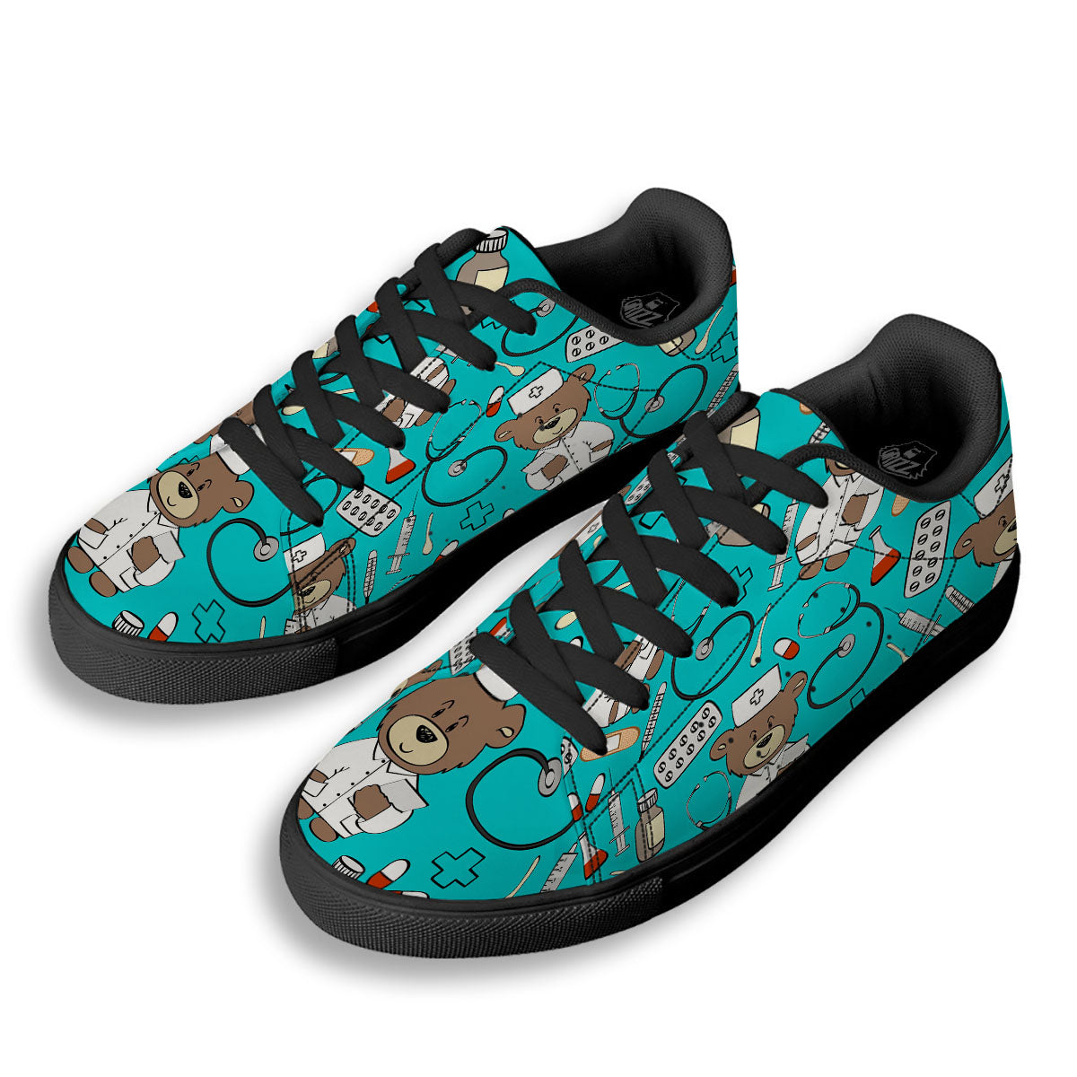 Turquoise Teddy Bear Nurse Black Low Top Sneakers-grizzshop