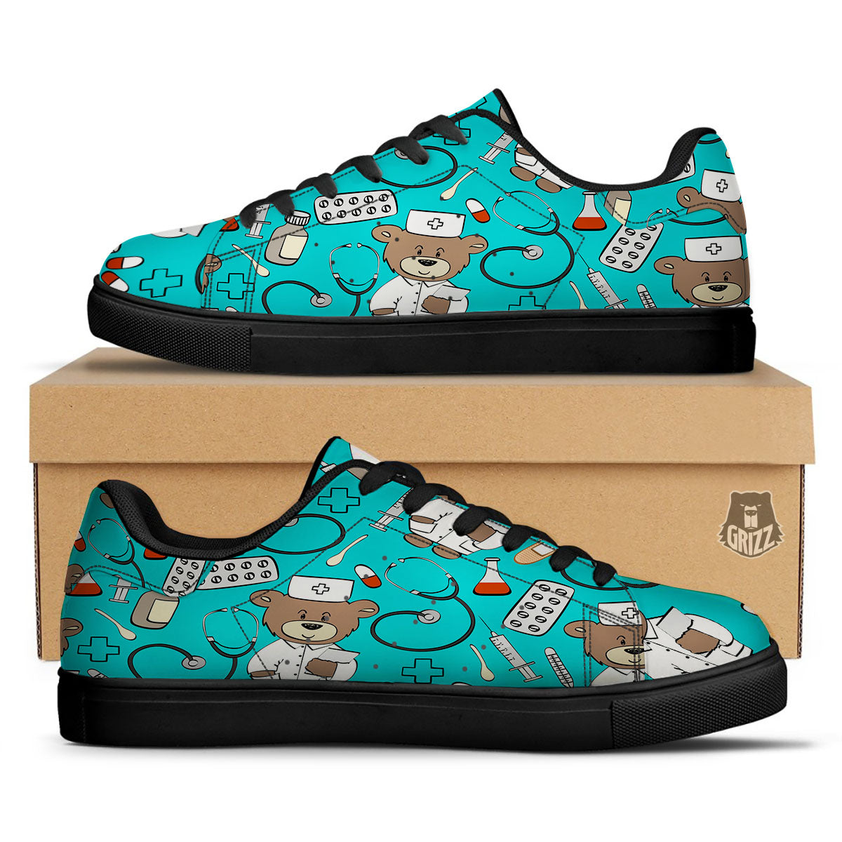 Turquoise Teddy Bear Nurse Black Low Top Sneakers-grizzshop