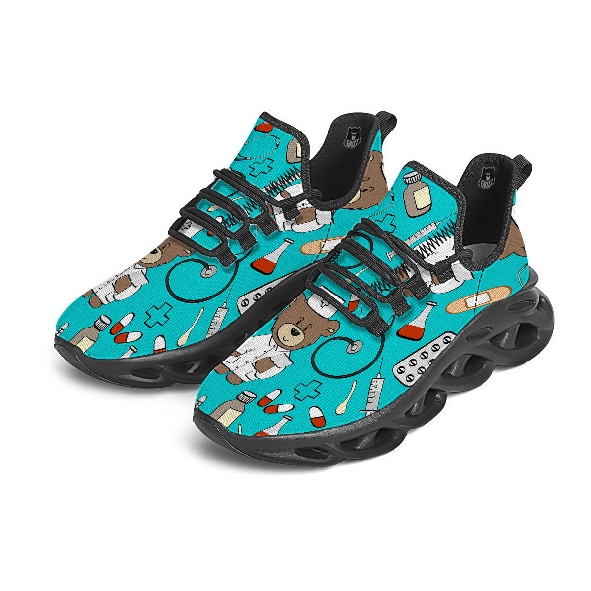 Turquoise Teddy Bear Nurse Black Running Shoes-grizzshop