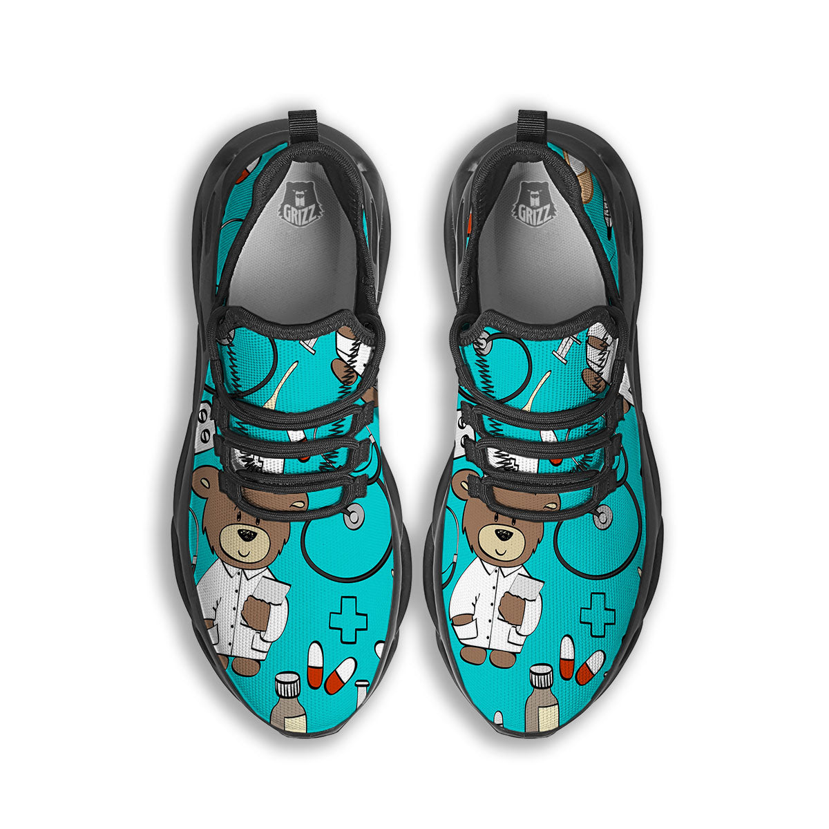 Turquoise Teddy Bear Nurse Black Running Shoes-grizzshop