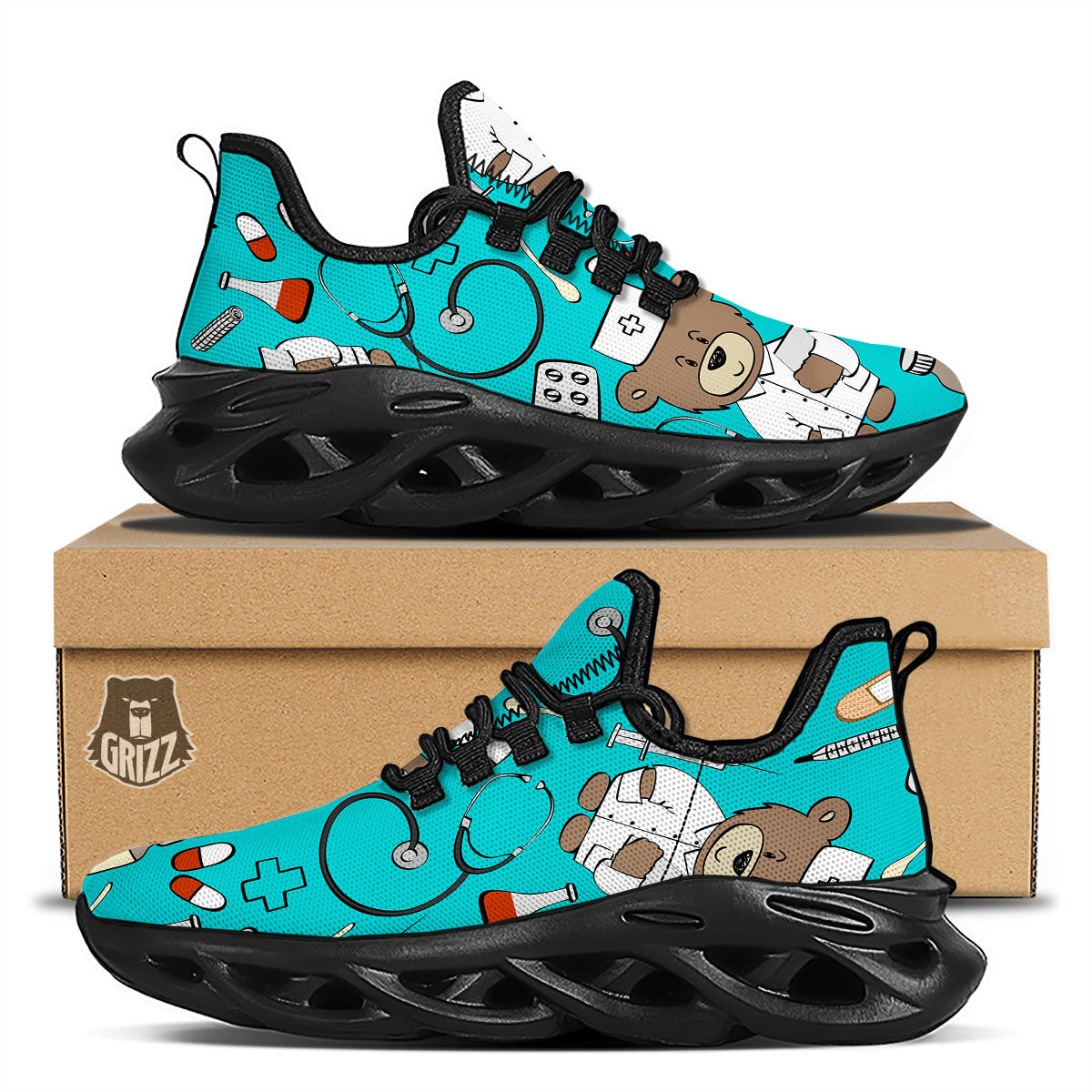 Turquoise Teddy Bear Nurse Black Running Shoes-grizzshop