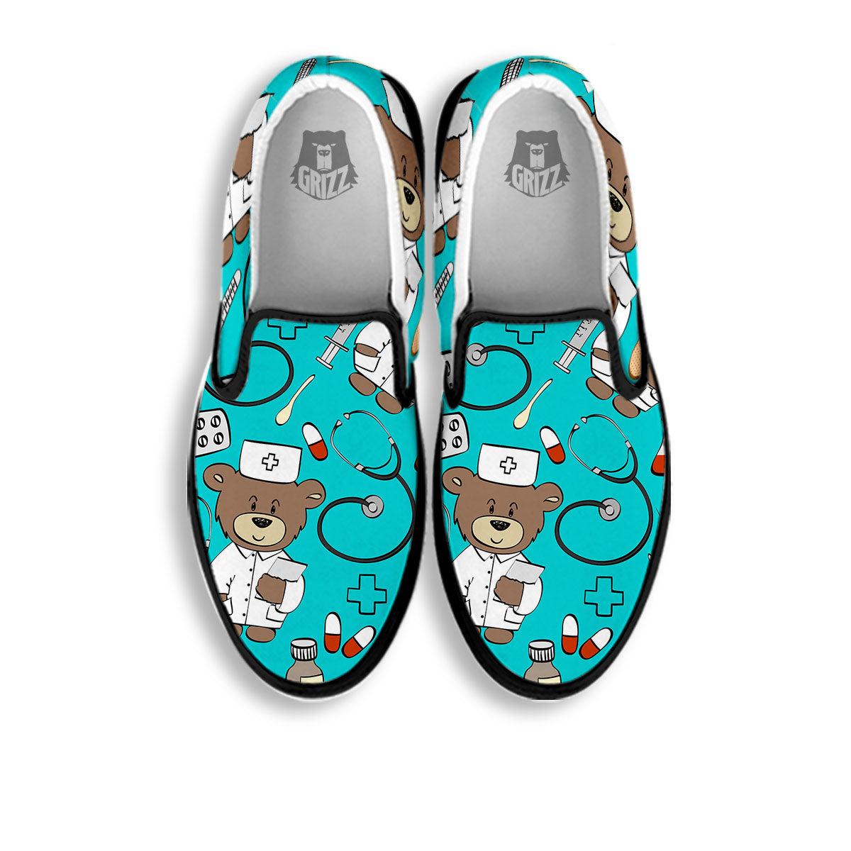Turquoise Teddy Bear Nurse Black Slip On Shoes-grizzshop
