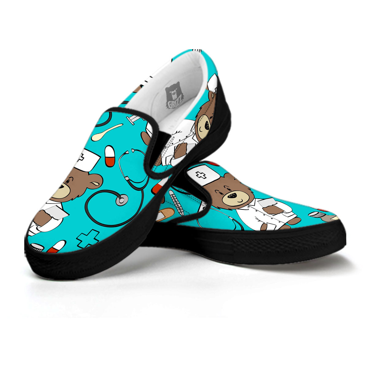 Turquoise Teddy Bear Nurse Black Slip On Shoes-grizzshop