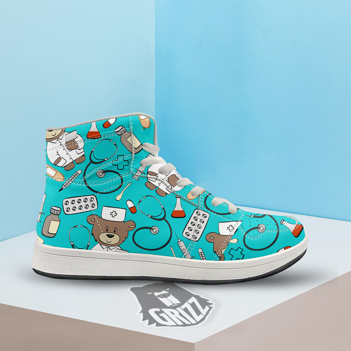 Turquoise Teddy Bear Nurse High Top Sneakers-grizzshop