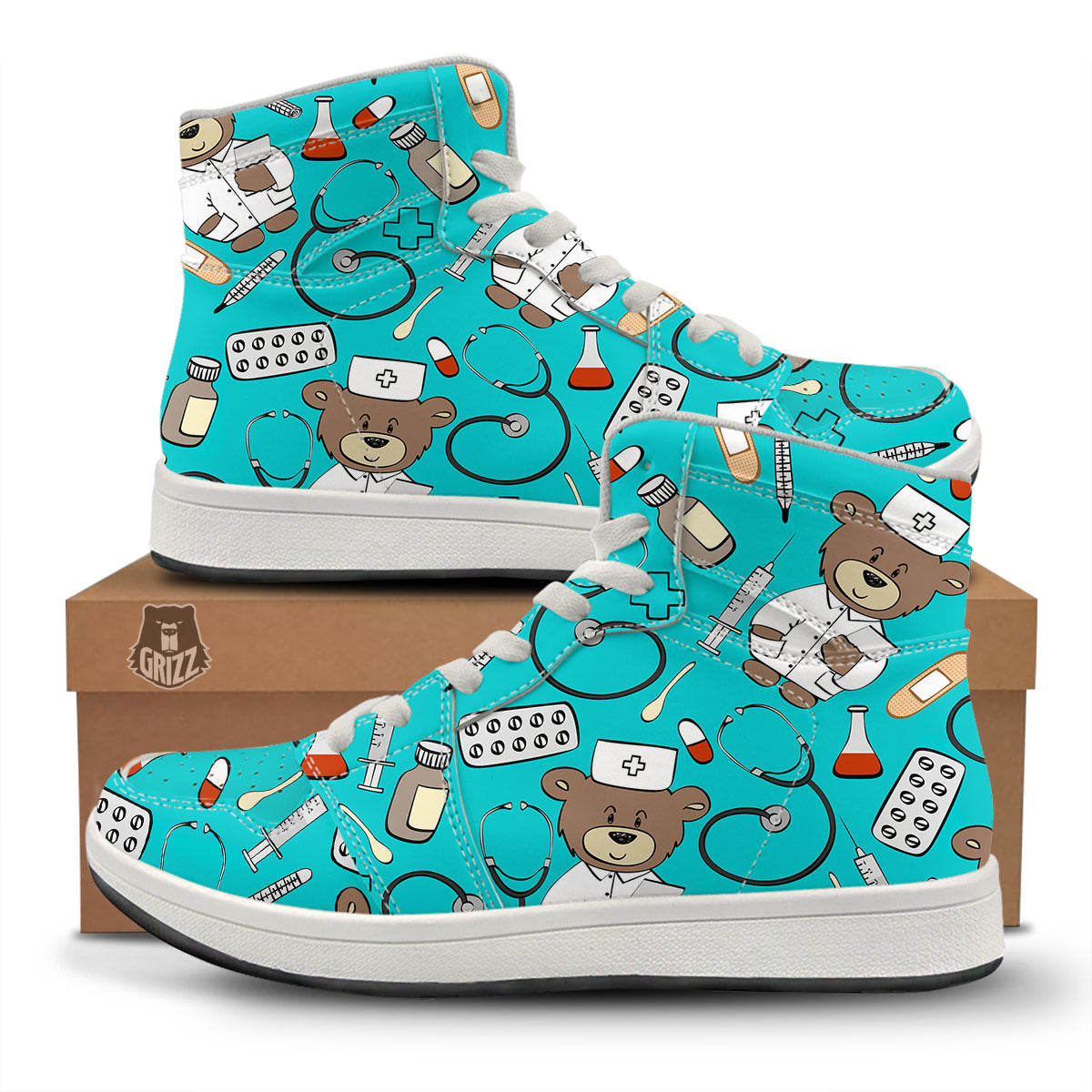 Turquoise Teddy Bear Nurse High Top Sneakers-grizzshop