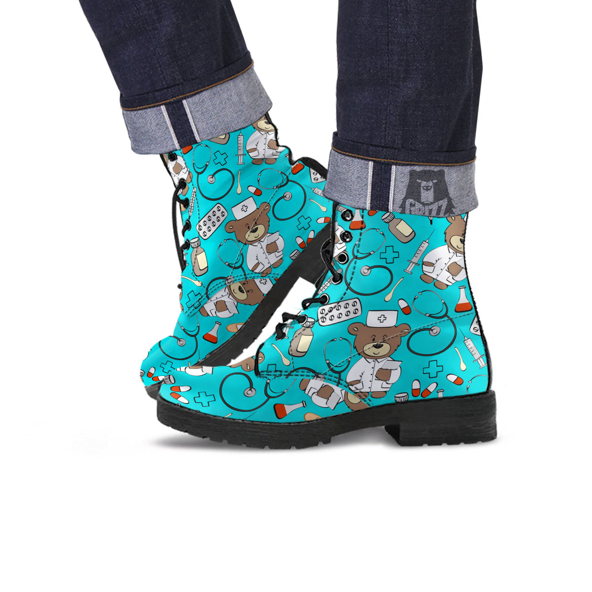 Turquoise Teddy Bear Nurse Leather Boots-grizzshop