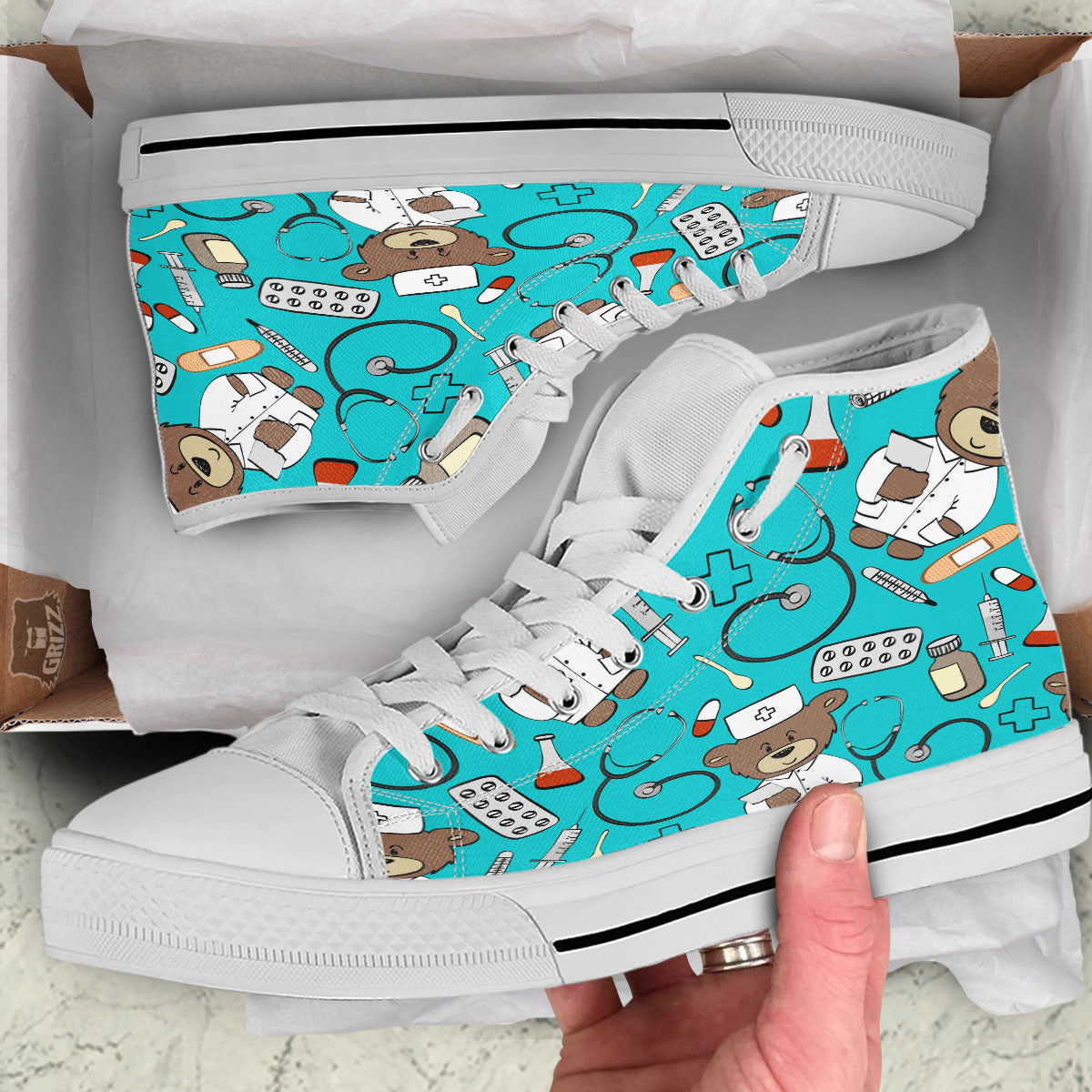Turquoise Teddy Bear Nurse White High Top Shoes-grizzshop