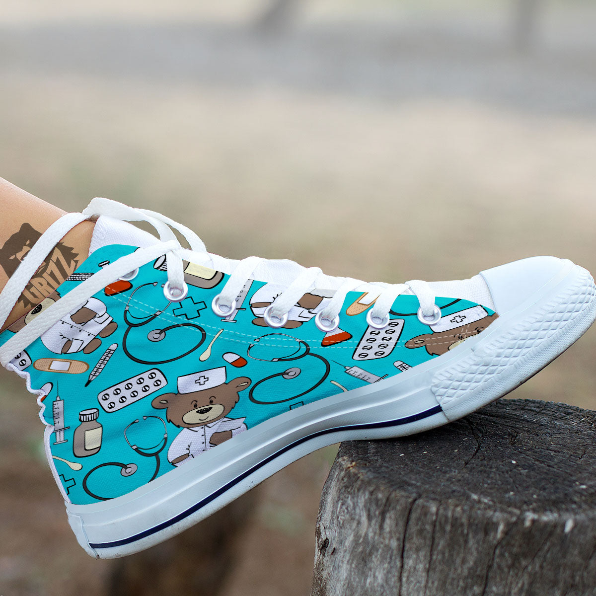 Turquoise Teddy Bear Nurse White High Top Shoes-grizzshop