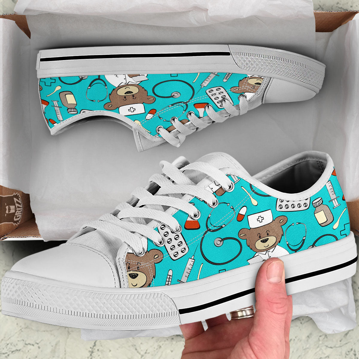 Turquoise Teddy Bear Nurse White Low Top Shoes-grizzshop