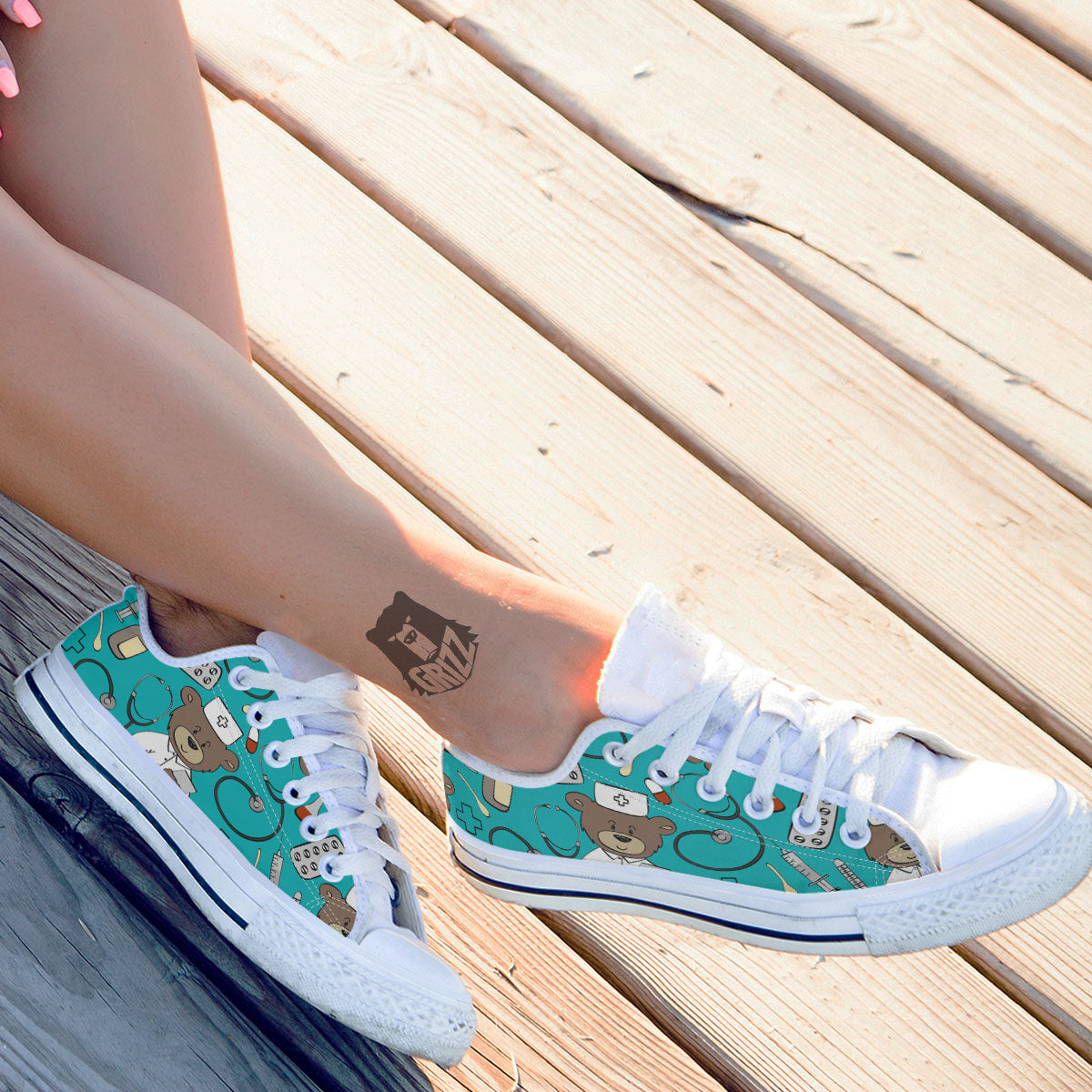 Turquoise Teddy Bear Nurse White Low Top Shoes-grizzshop