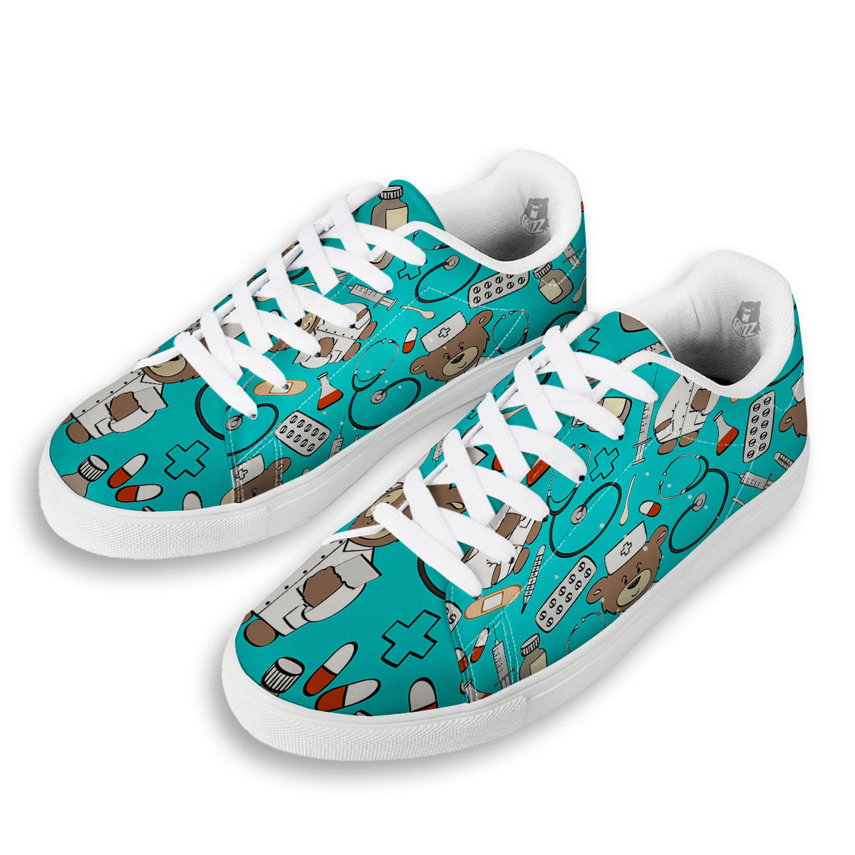 Turquoise Teddy Bear Nurse White Low Top Sneakers-grizzshop