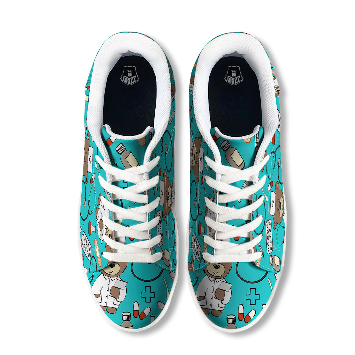 Turquoise Teddy Bear Nurse White Low Top Sneakers-grizzshop