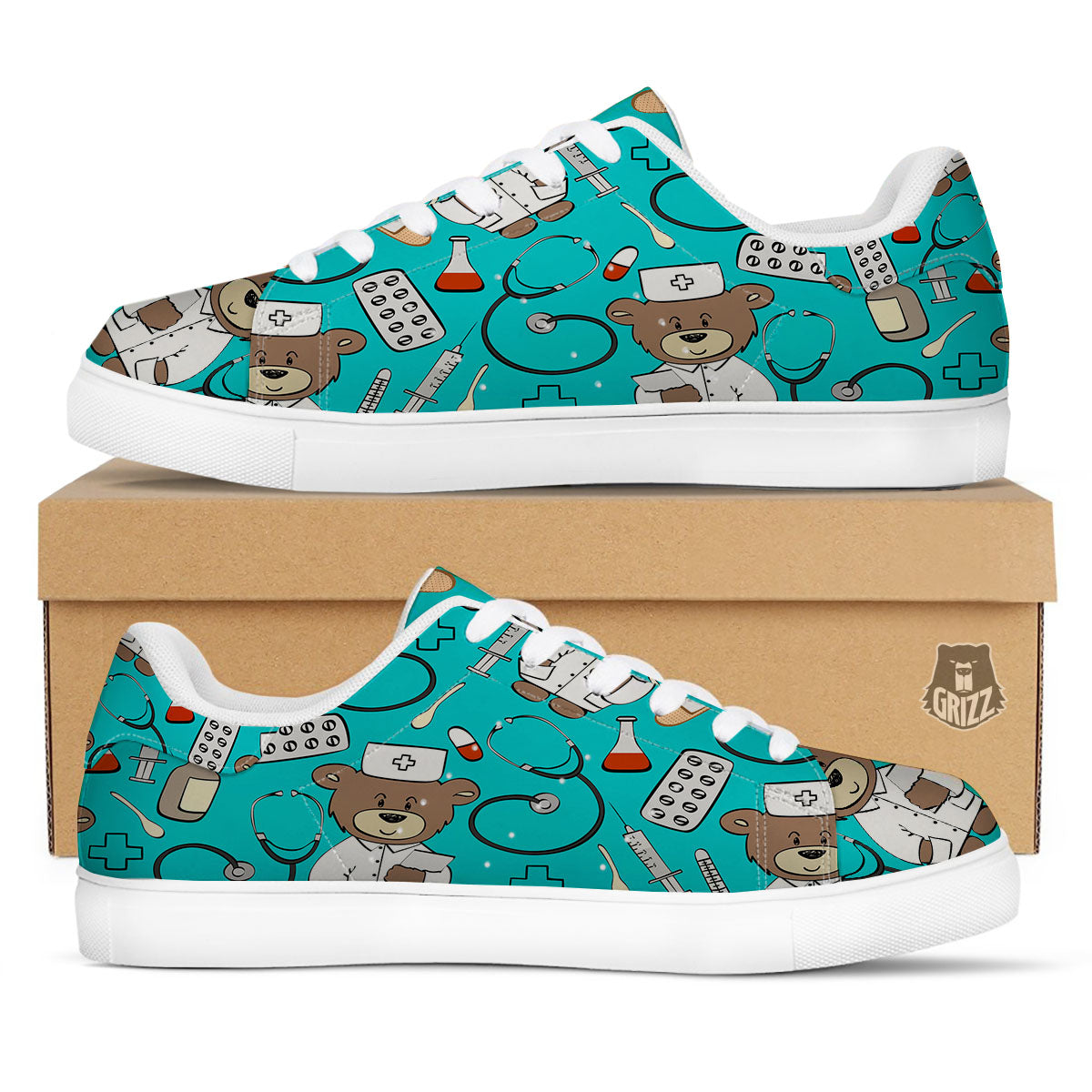 Turquoise Teddy Bear Nurse White Low Top Sneakers-grizzshop