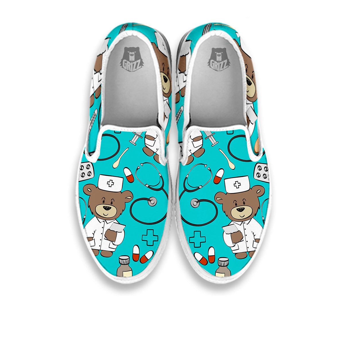 Turquoise Teddy Bear Nurse White Slip On Shoes-grizzshop