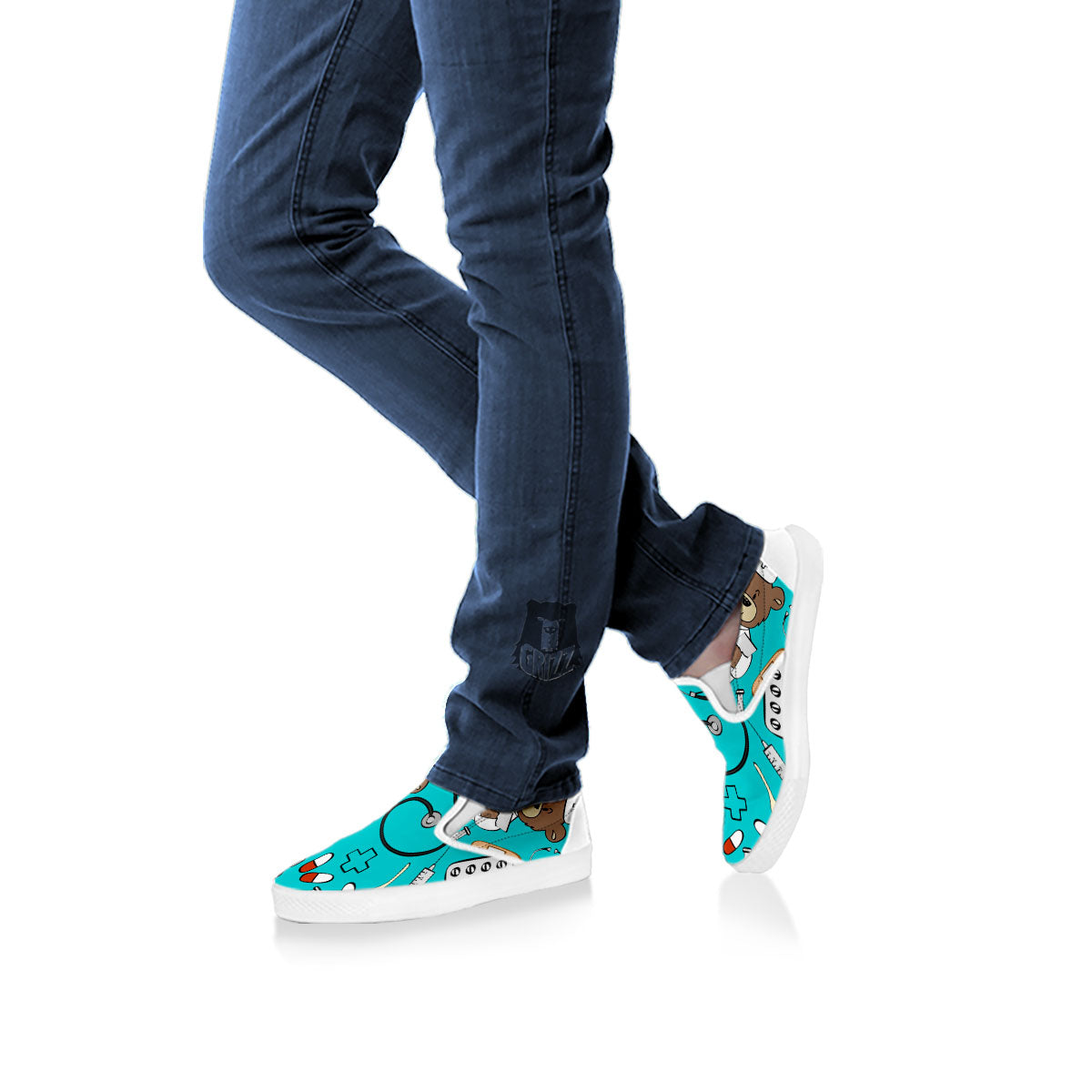 Turquoise Teddy Bear Nurse White Slip On Shoes-grizzshop