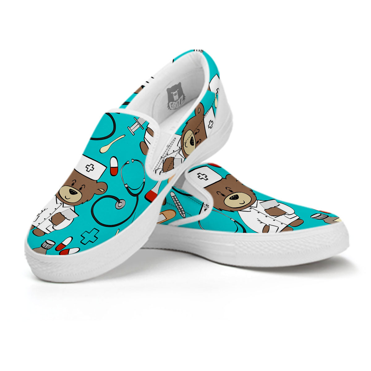 Turquoise Teddy Bear Nurse White Slip On Shoes-grizzshop