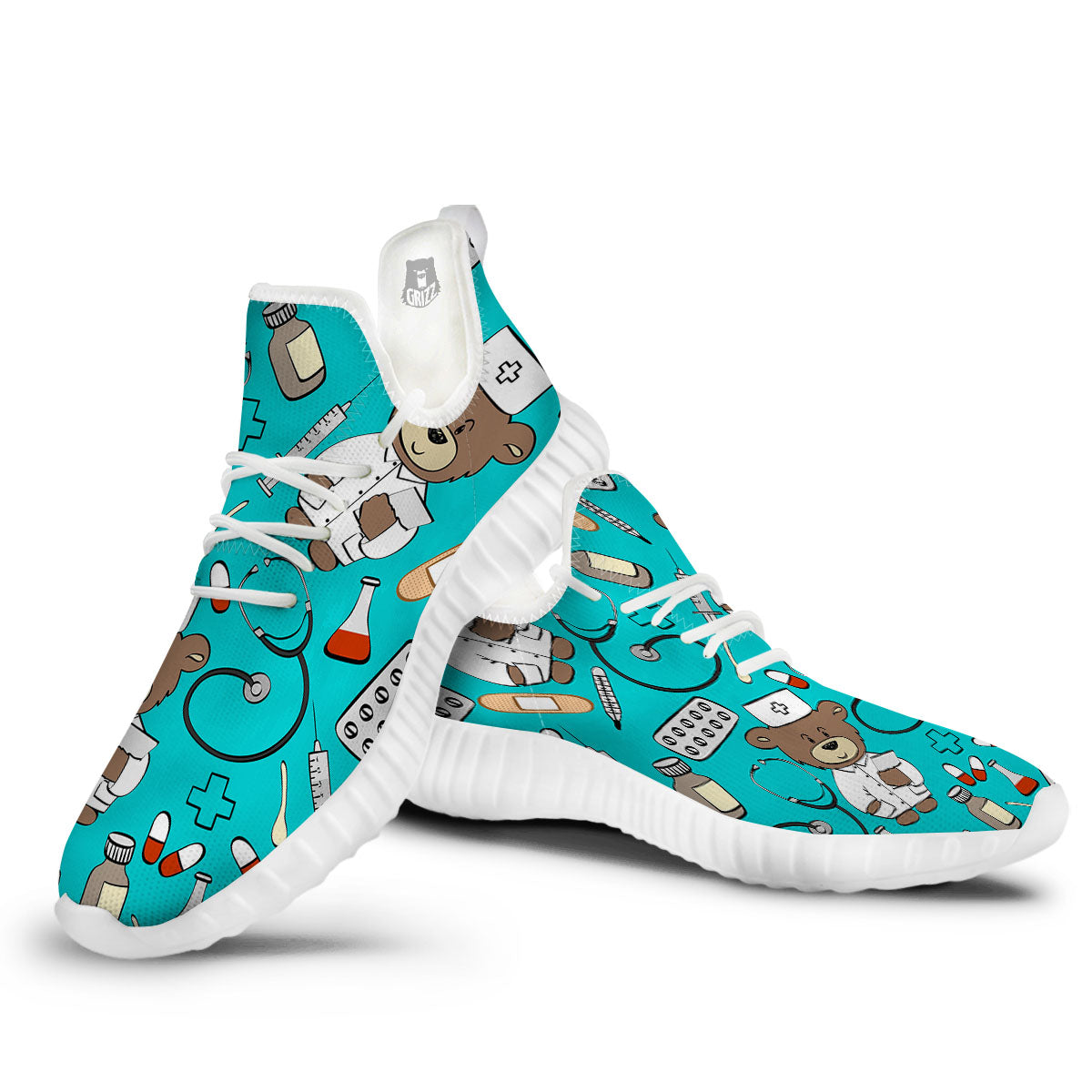 Turquoise Teddy Bear Nurse White Walking Shoes-grizzshop