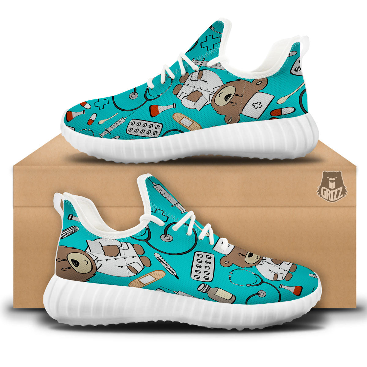 Turquoise Teddy Bear Nurse White Walking Shoes-grizzshop