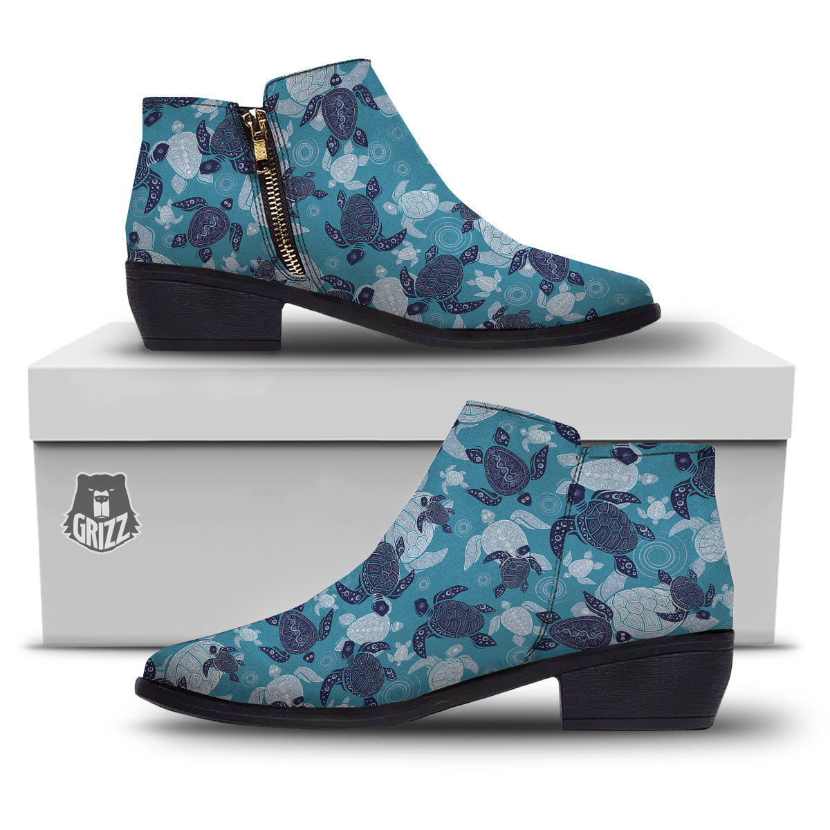 Turtle Blue And White Print Pattern Ankle Boots-grizzshop