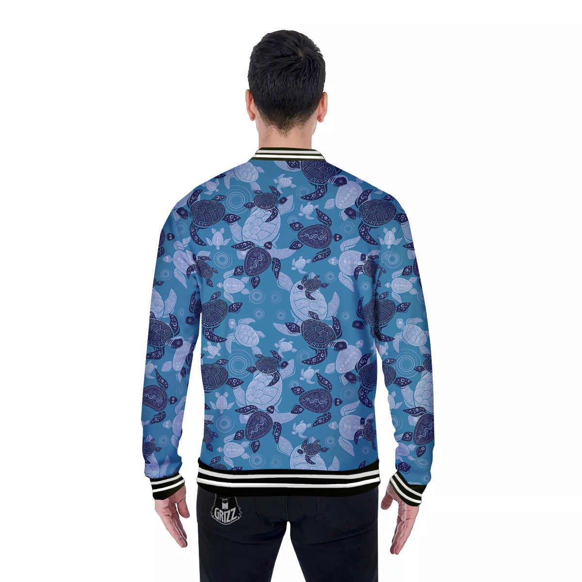 Turtle Blue And White Print Pattern Baseball Jacket-grizzshop