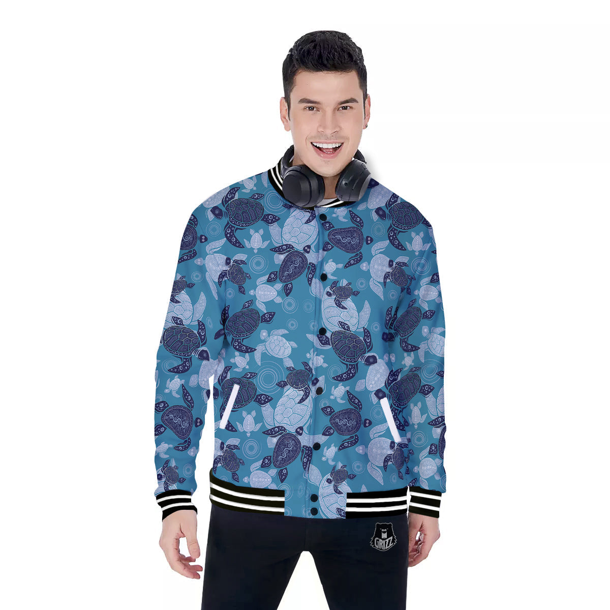 Turtle Blue And White Print Pattern Baseball Jacket-grizzshop