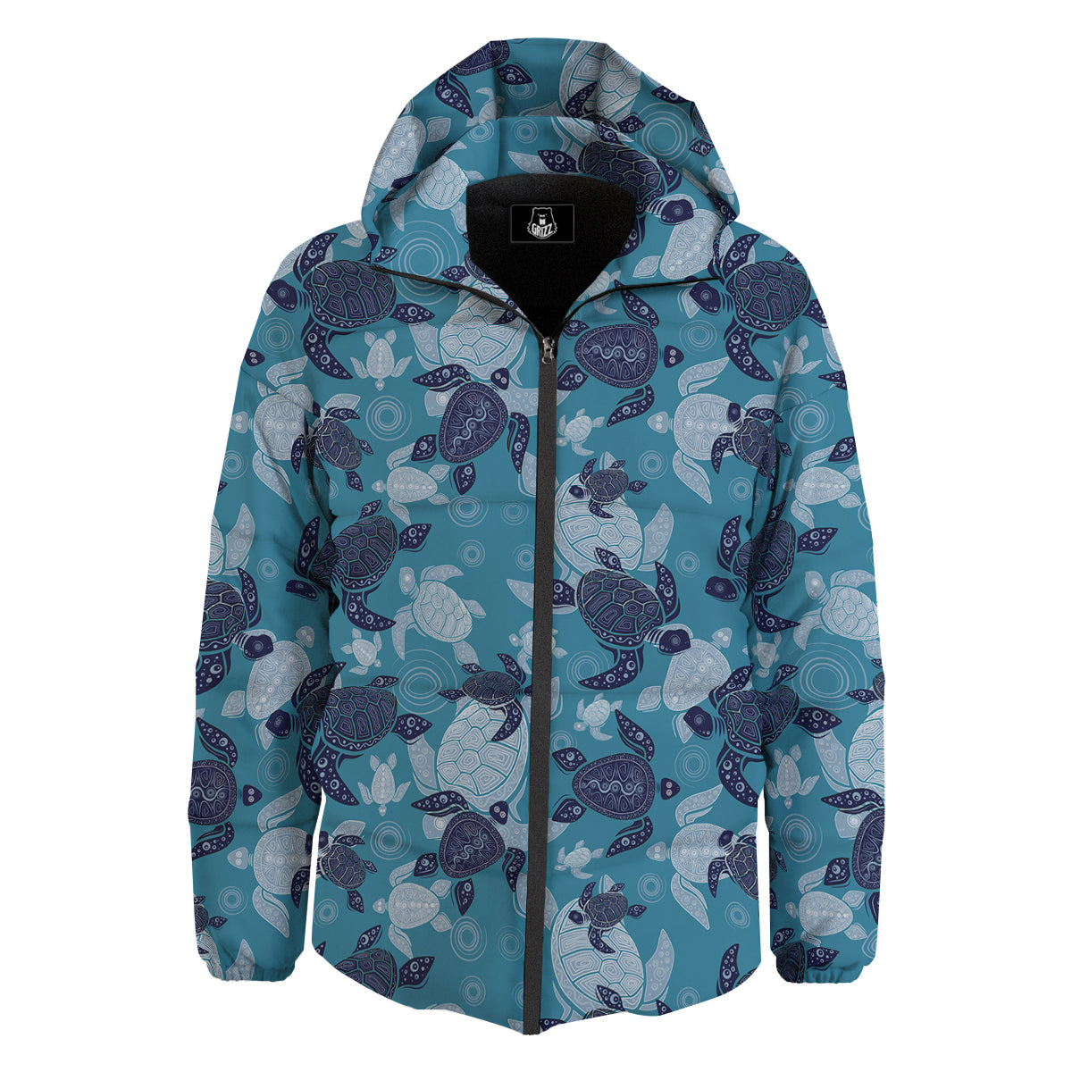 Turtle Blue And White Print Pattern Down Jacket-grizzshop