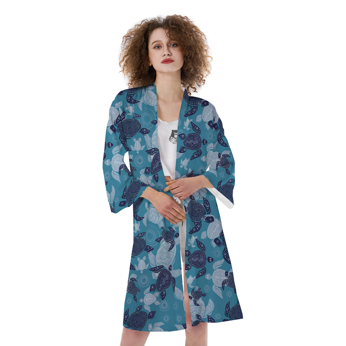 Turtle Blue And White Print Pattern Kimono-grizzshop