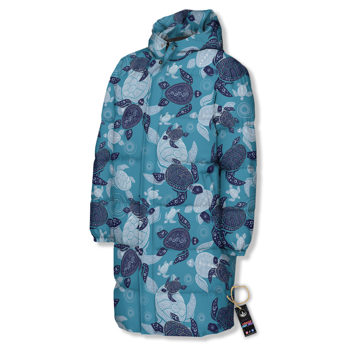 Turtle Blue And White Print Pattern Long Down Jacket-grizzshop