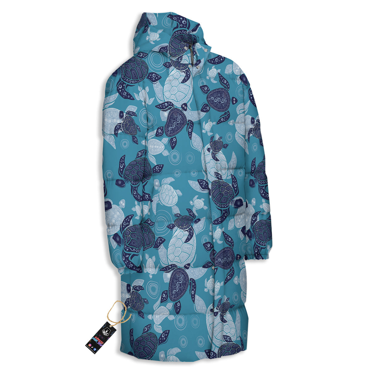 Turtle Blue And White Print Pattern Long Down Jacket-grizzshop