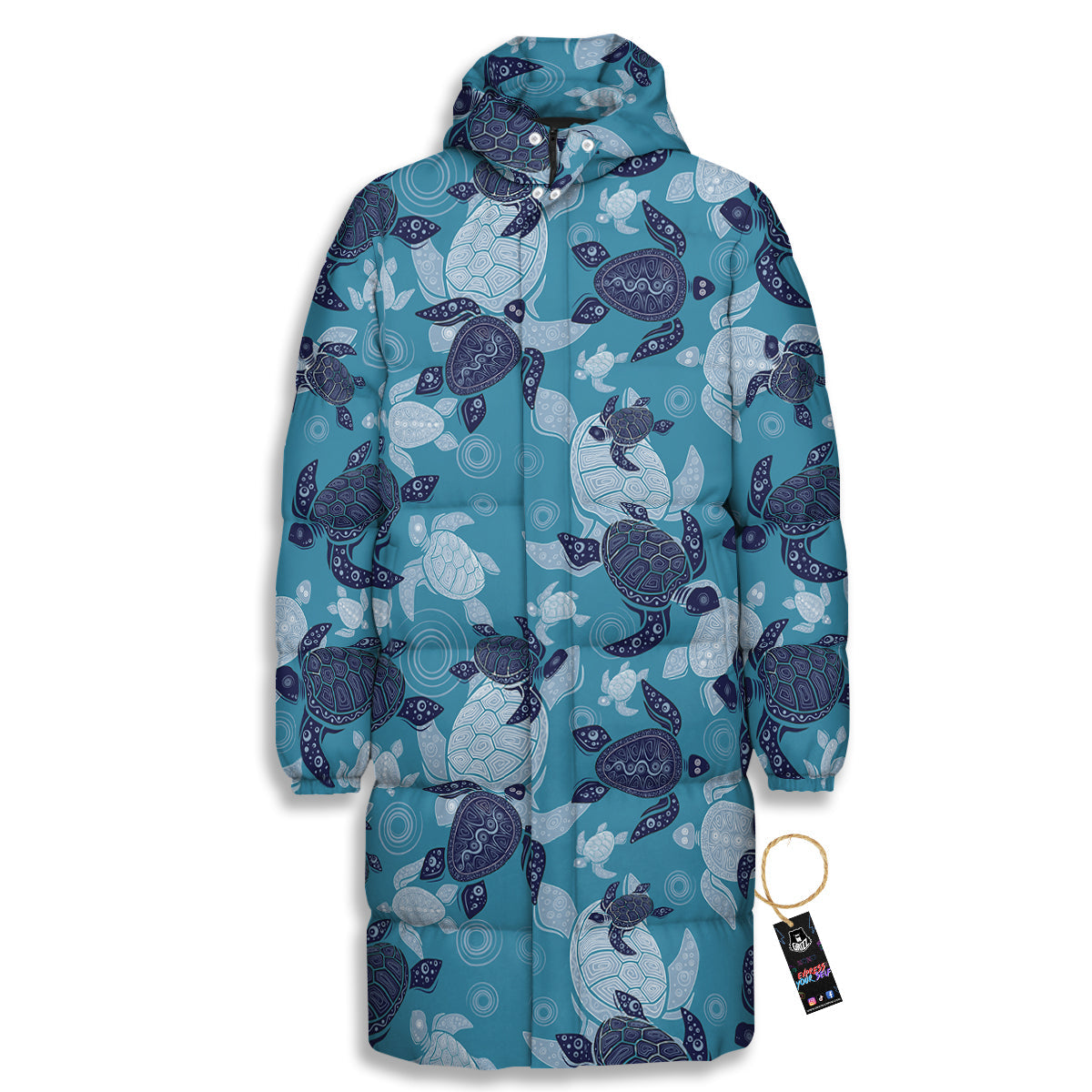 Turtle Blue And White Print Pattern Long Down Jacket-grizzshop