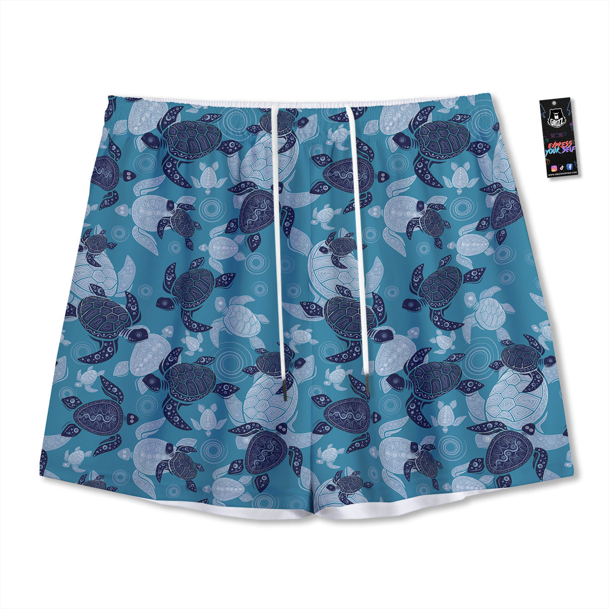 Turtle Blue And White Print Pattern Mesh Shorts-grizzshop