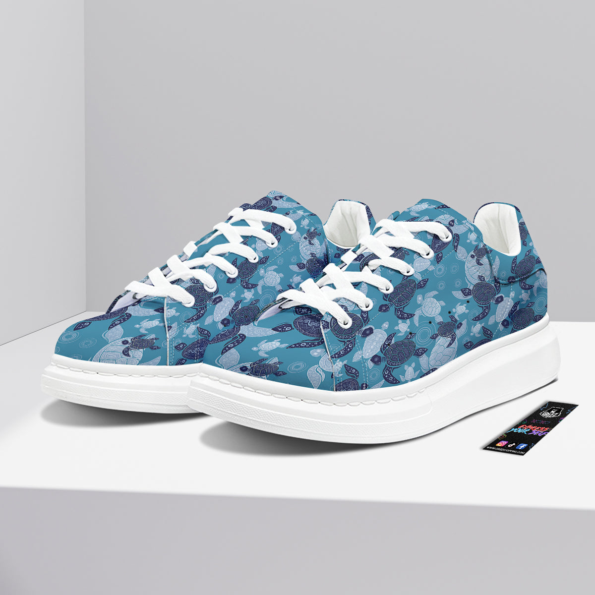 Turtle Blue And White Print Pattern Platform Shoes-grizzshop