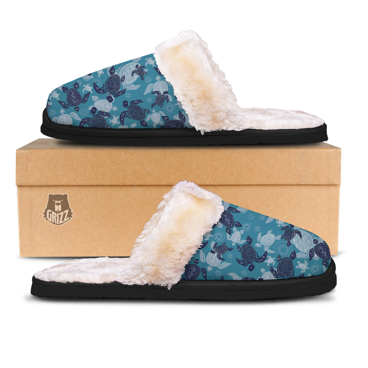 Turtle Blue And White Print Pattern Slippers-grizzshop