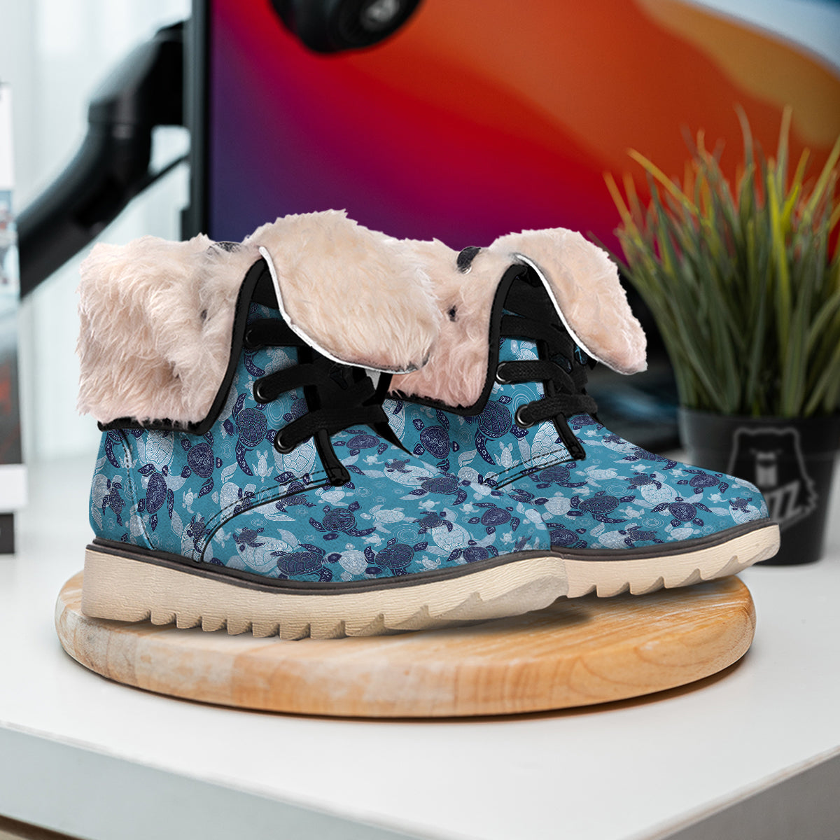Turtle Blue And White Print Pattern Snow Boots-grizzshop