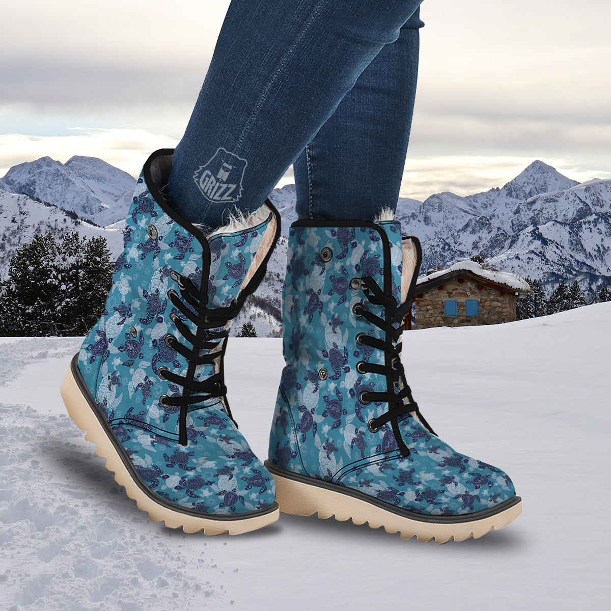 Turtle Blue And White Print Pattern Snow Boots-grizzshop
