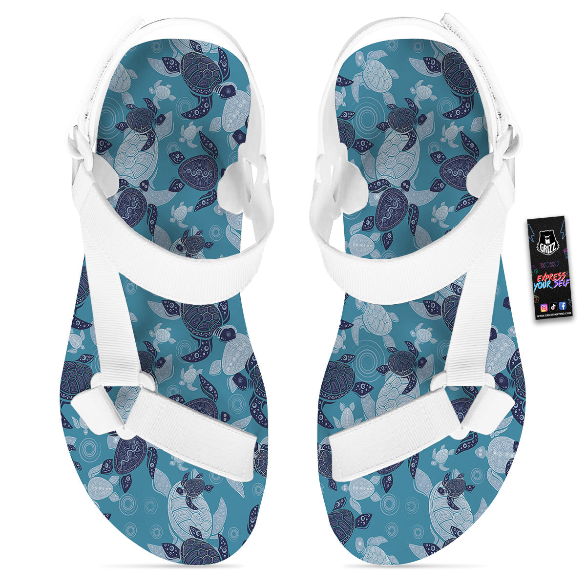 Turtle Blue And White Print Pattern White Open Toe Sandals-grizzshop