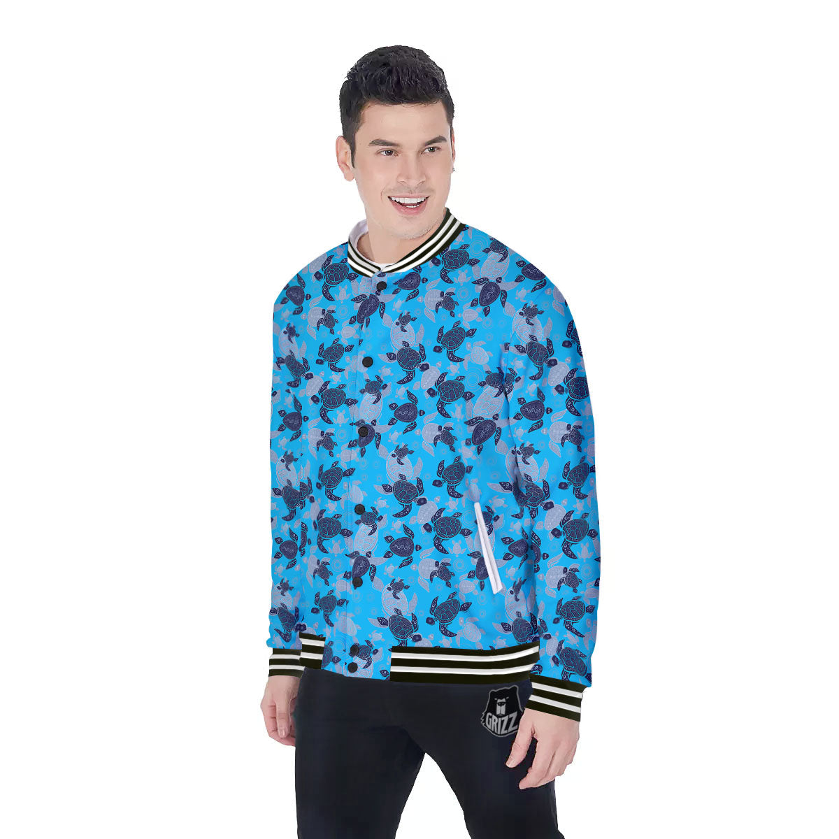 Turtle Blue Sea Print Pattern Baseball Jacket-grizzshop