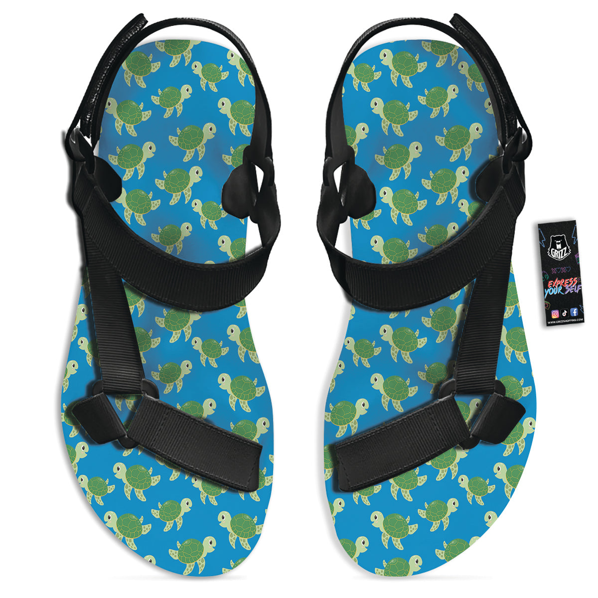 Turtle Cartoon Print Pattern Black Open Toe Sandals-grizzshop