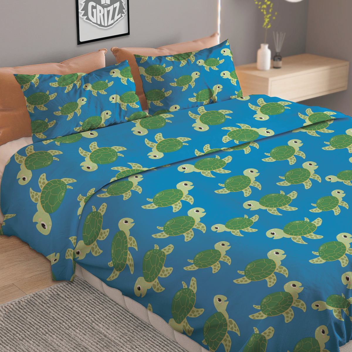 Turtle Cartoon Print Pattern Duvet Cover Bedding Set-grizzshop